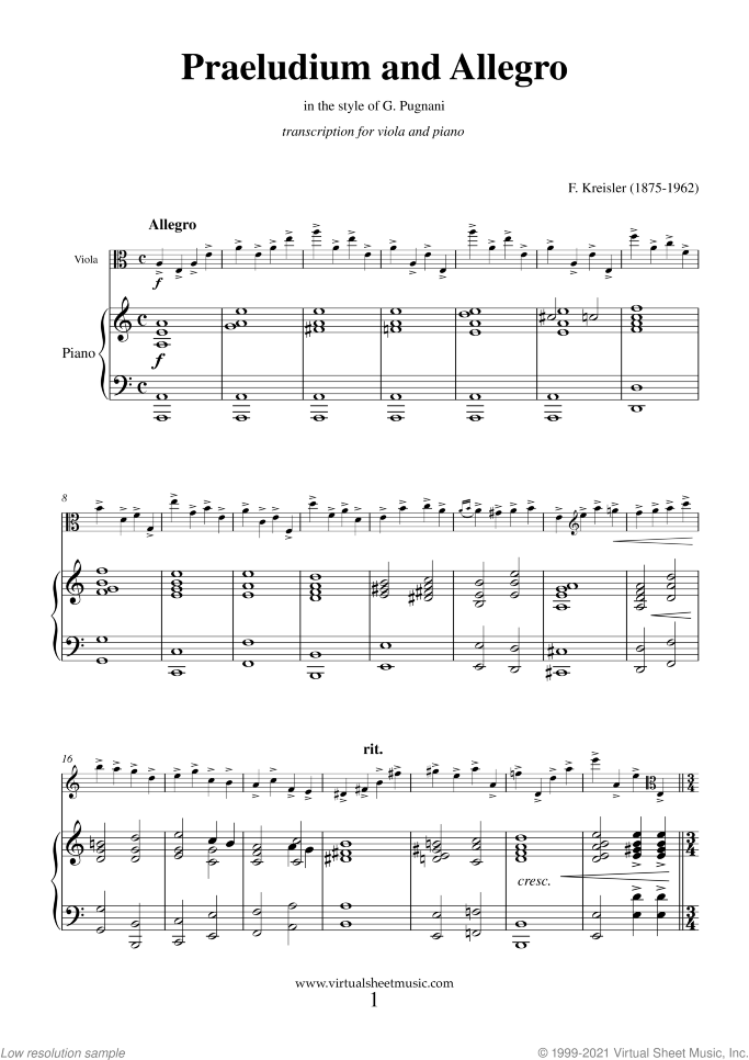 Praeludium and Allegro sheet music for viola and piano by Fritz Kreisler, classical score, intermediate/advanced skill level