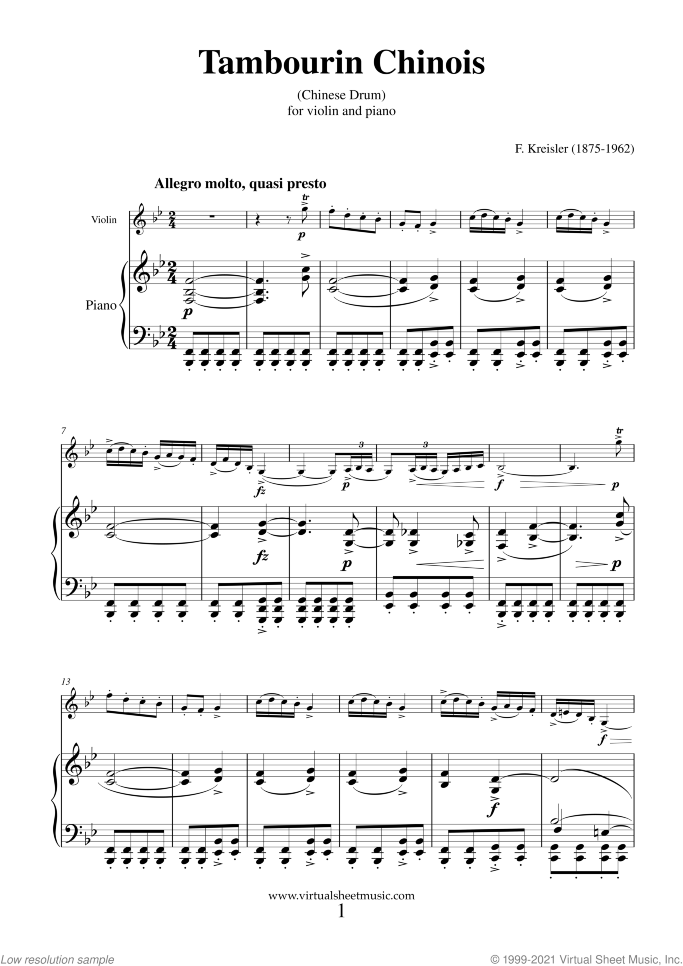 Tambourin Chinois (Chinese Drum) sheet music for violin and piano by Fritz Kreisler, classical score, advanced skill level