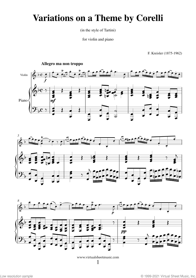 Variations on a Theme by Corelli sheet music for violin and piano by Fritz Kreisler, classical score, advanced skill level