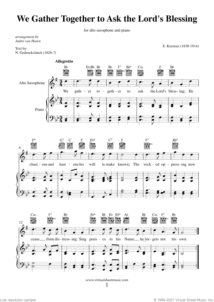 We Gather Together to Ask the Lord's Blessing sheet music for alto saxophone and piano by Eduard Kremser, easy skill level