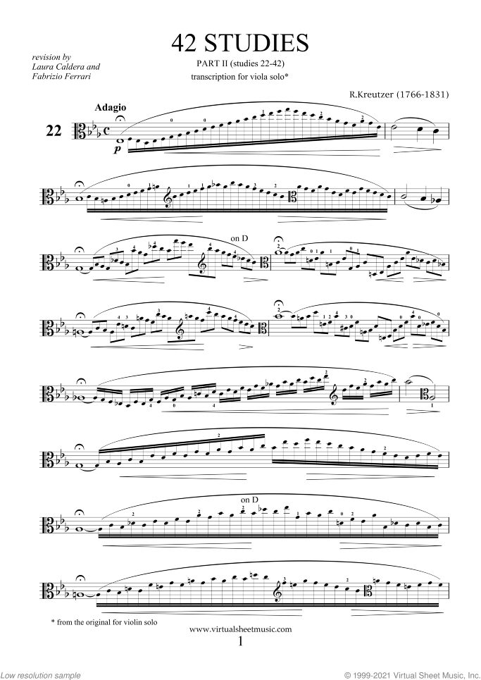 Studies (22-42) - part II sheet music for viola solo by Rudolf Kreutzer, classical score, intermediate/advanced skill level