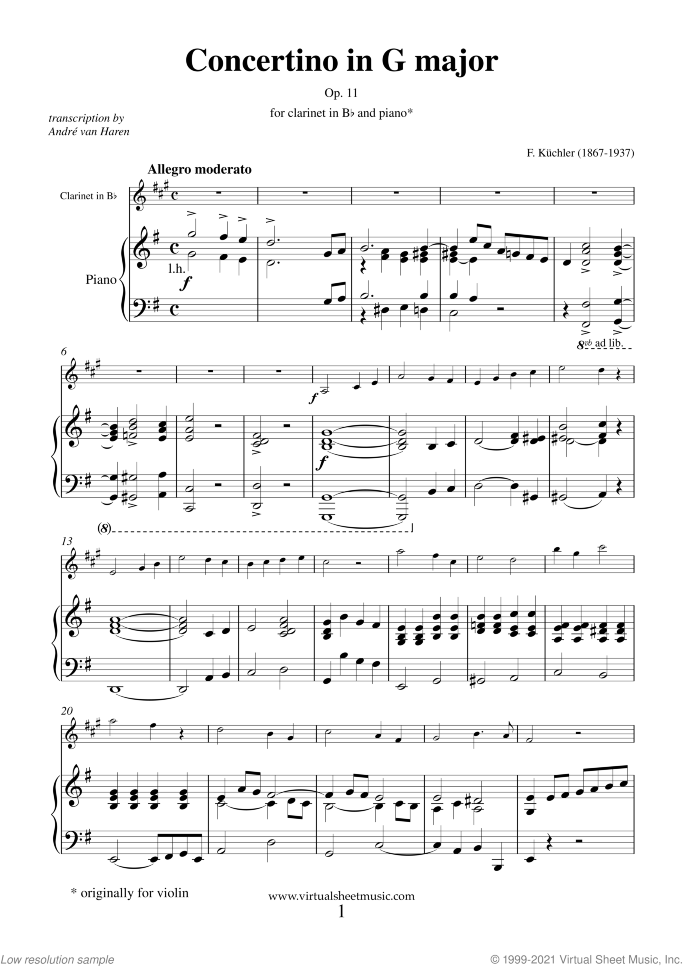 Concertino in G major Op. 11 sheet music for clarinet and piano by Ferdinand Kuchler, classical score, easy skill level