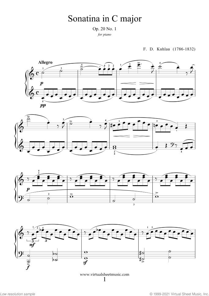 Sonatina in C major Op.20 No.1 sheet music for piano solo by Friedrich Daniel Rudolf Kuhlau, classical score, easy/intermediate skill level