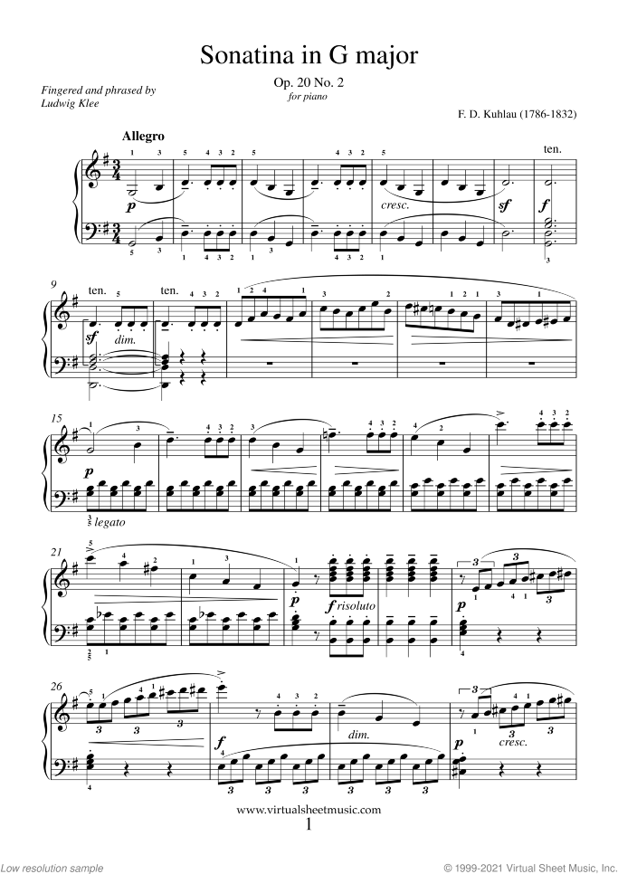 Sonatina in G major Op.20 No.2 sheet music for piano solo by Friedrich Daniel Rudolf Kuhlau, classical score, easy/intermediate skill level