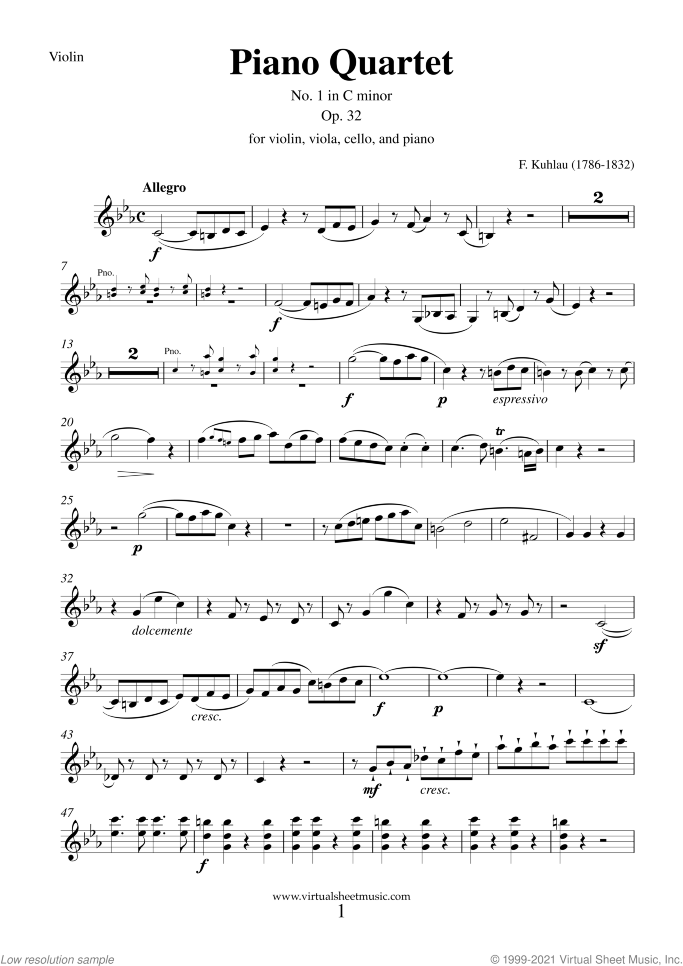 Piano Quartet Op.32 No.1 (parts) sheet music for piano quintet by Friedrich Daniel Rudolf Kuhlau, classical score, advanced skill level