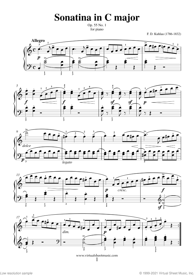 Sonatina in C major Op.55 No.1 sheet music for piano solo by Friedrich Daniel Rudolf Kuhlau, classical score, easy/intermediate skill level