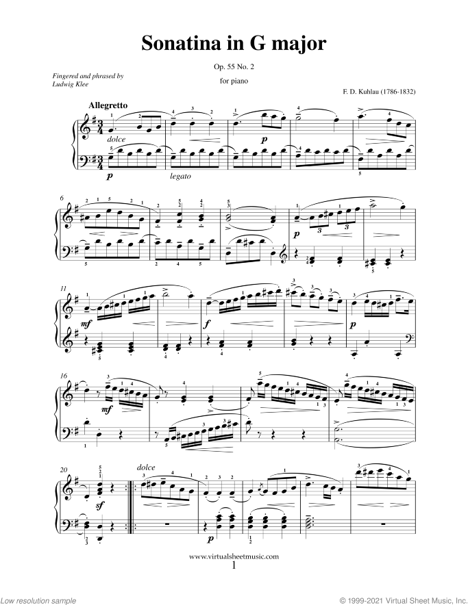 Sonatina in G major Op.55 No.2 sheet music for piano solo by Friedrich Daniel Rudolf Kuhlau, classical score, easy/intermediate skill level