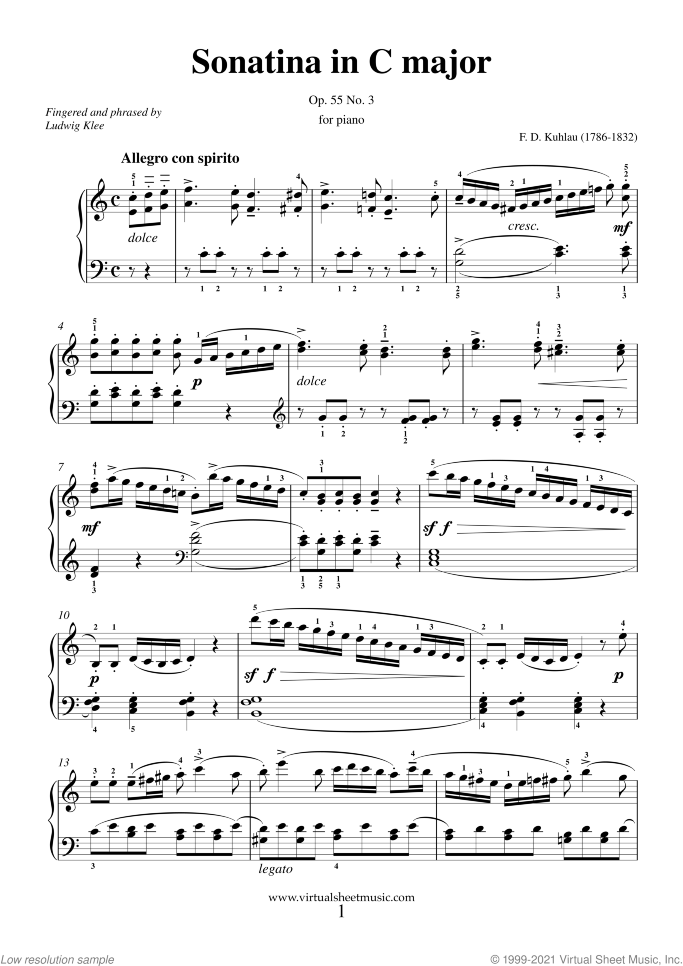 Sonatina in C major Op.55 No.3 sheet music for piano solo by Friedrich Daniel Rudolf Kuhlau, classical score, easy/intermediate skill level