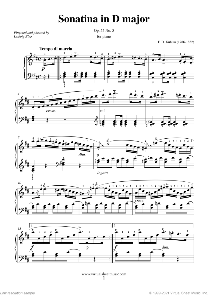 Sonatina in D major Op.55 No.5 sheet music for piano solo by Friedrich Daniel Rudolf Kuhlau, classical score, easy/intermediate skill level