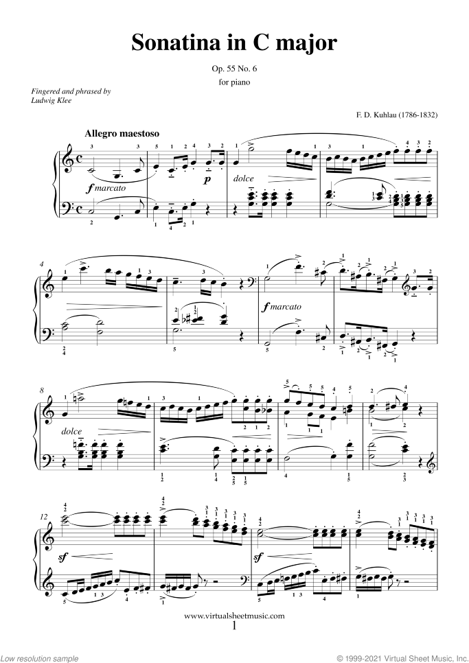 Sonatina in C major Op.55 No.6 sheet music for piano solo by Friedrich Daniel Rudolf Kuhlau, classical score, easy/intermediate skill level