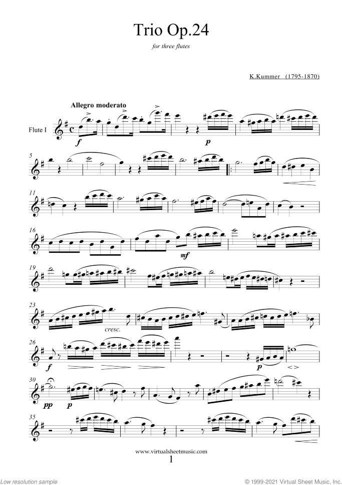 Trio Op.24 sheet music for three flutes by Kaspar Kummer, classical score, intermediate/advanced skill level