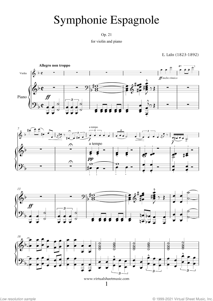 Symphonie Espagnole Op.21 sheet music for violin and piano by Edouard Lalo, classical score, advanced skill level