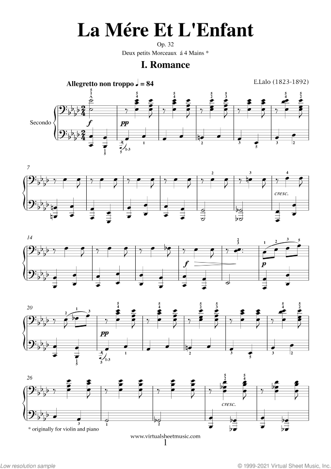 La Mere et l' Enfant Op.32 sheet music for piano four hands by Edouard Lalo, classical score, advanced skill level