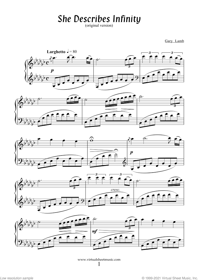 She Describes Infinity sheet music for piano solo by Gary Lamb, easy skill level