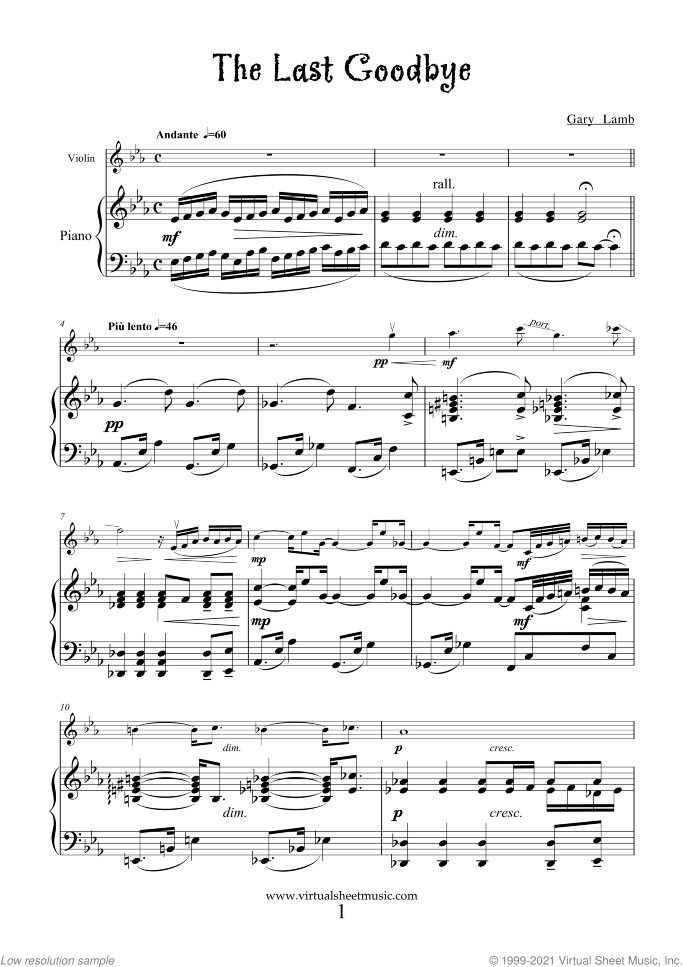The Last Goodbye sheet music for violin and piano by Gary Lamb, intermediate skill level