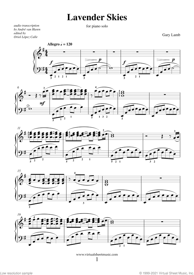 Lavender Skies sheet music for piano solo by Gary Lamb, intermediate skill level