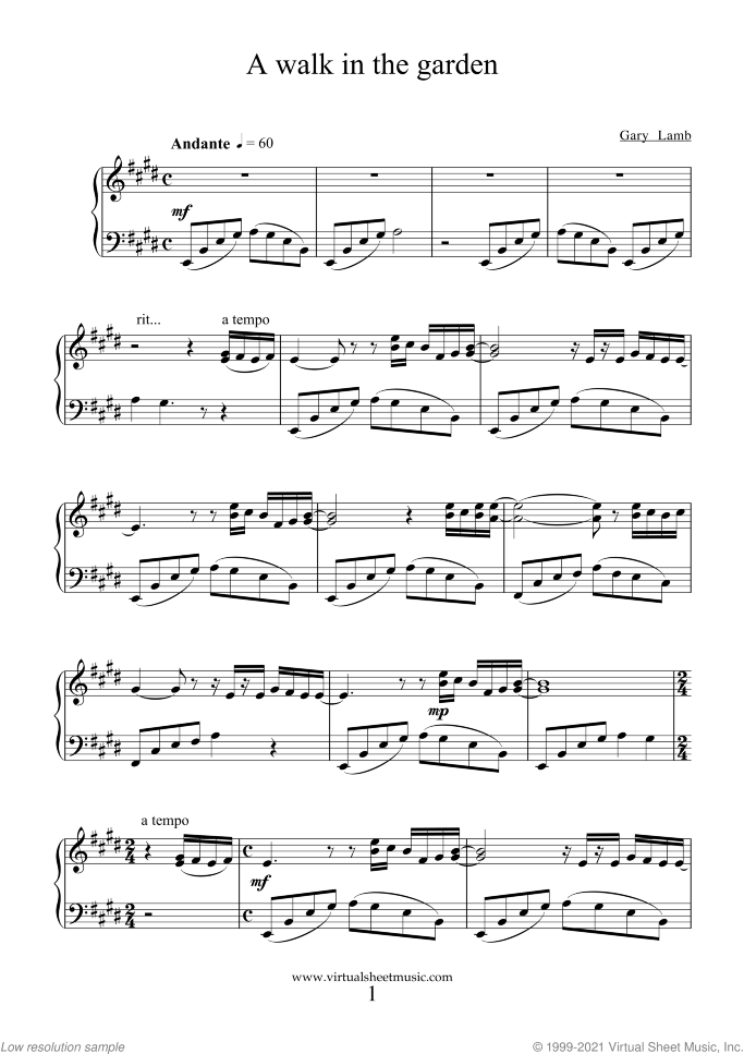 A Walk In The Garden sheet music for piano solo by Gary Lamb, easy skill level