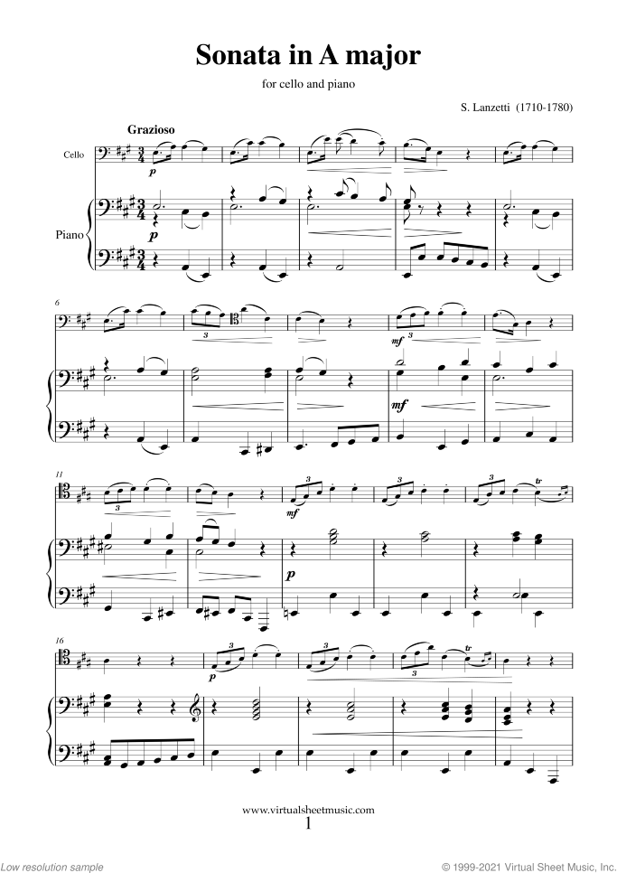 Sonata in A major sheet music for cello and piano by Salvatore Lanzetti, classical score, intermediate skill level