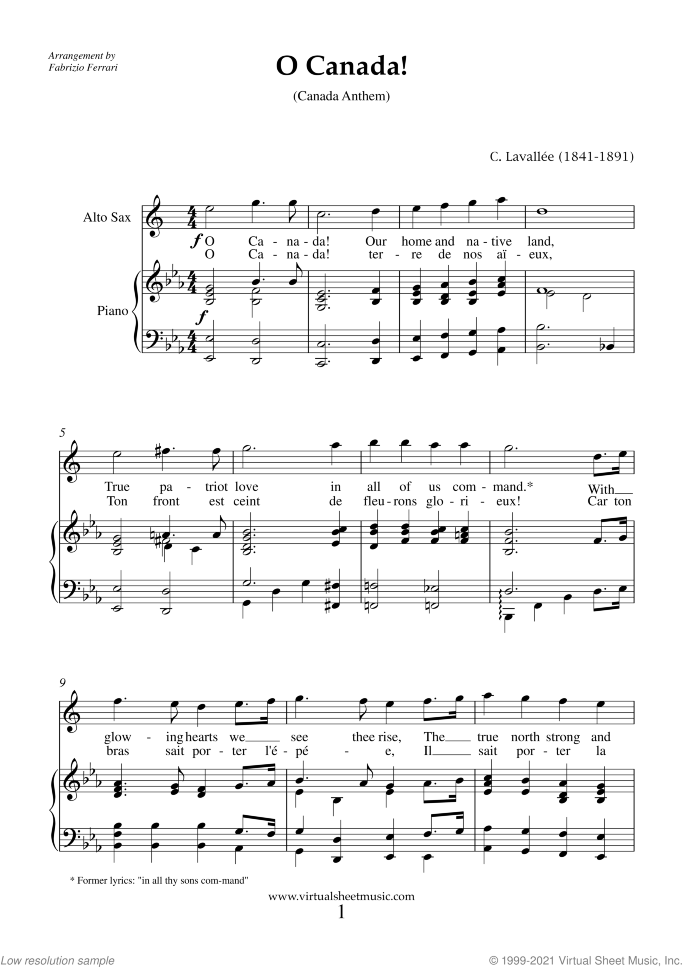 O Canada! (NEW EDITION) sheet music for alto saxophone and piano by Calixa Lavallee, easy skill level