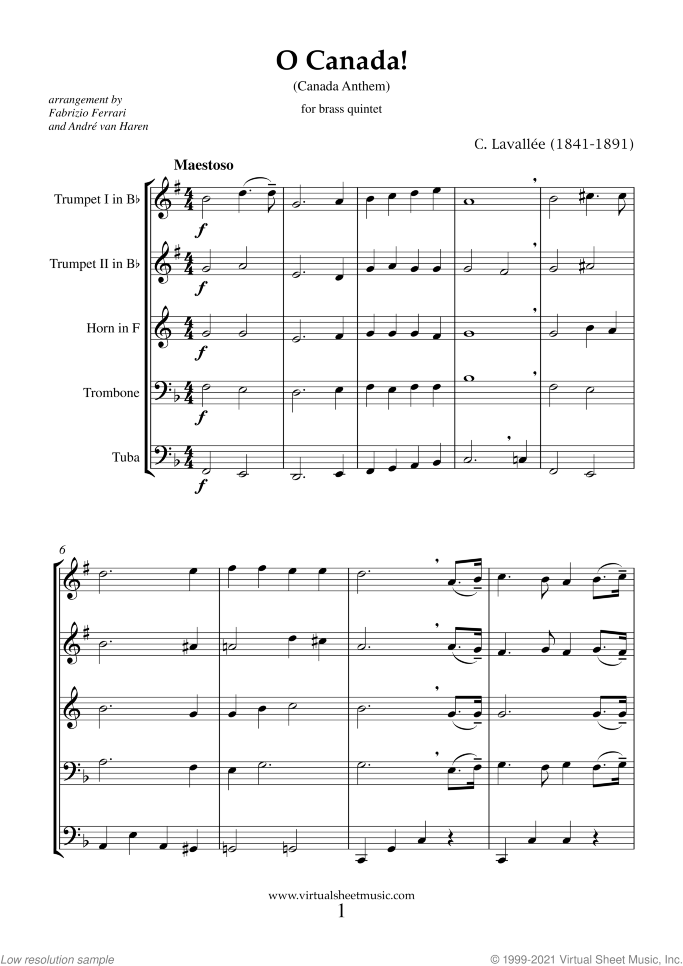 O Canada! (f.score) sheet music for brass quintet by Calixa Lavallee, easy/intermediate skill level