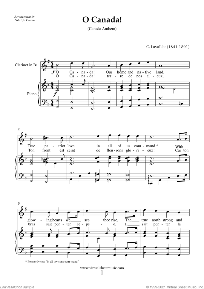 O Canada! (NEW EDITION) sheet music for clarinet and piano by Calixa Lavallee, easy skill level
