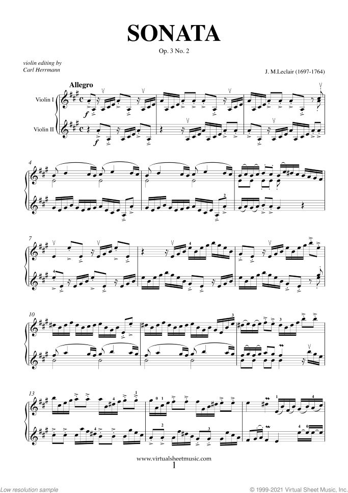 Sonata Op.3 No.2 (duo) sheet music for two violins by Jean Marie Leclair, classical score, intermediate duet