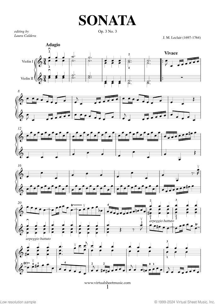 Sonata Op.3 No.3 (duo) sheet music for two violins by Jean Marie Leclair, classical score, intermediate duet