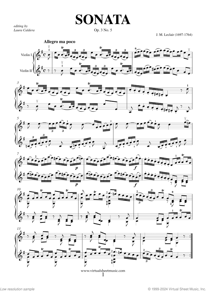 Sonata Op.3 No.5 (duo) sheet music for two violins by Jean Marie Leclair, classical score, intermediate duet