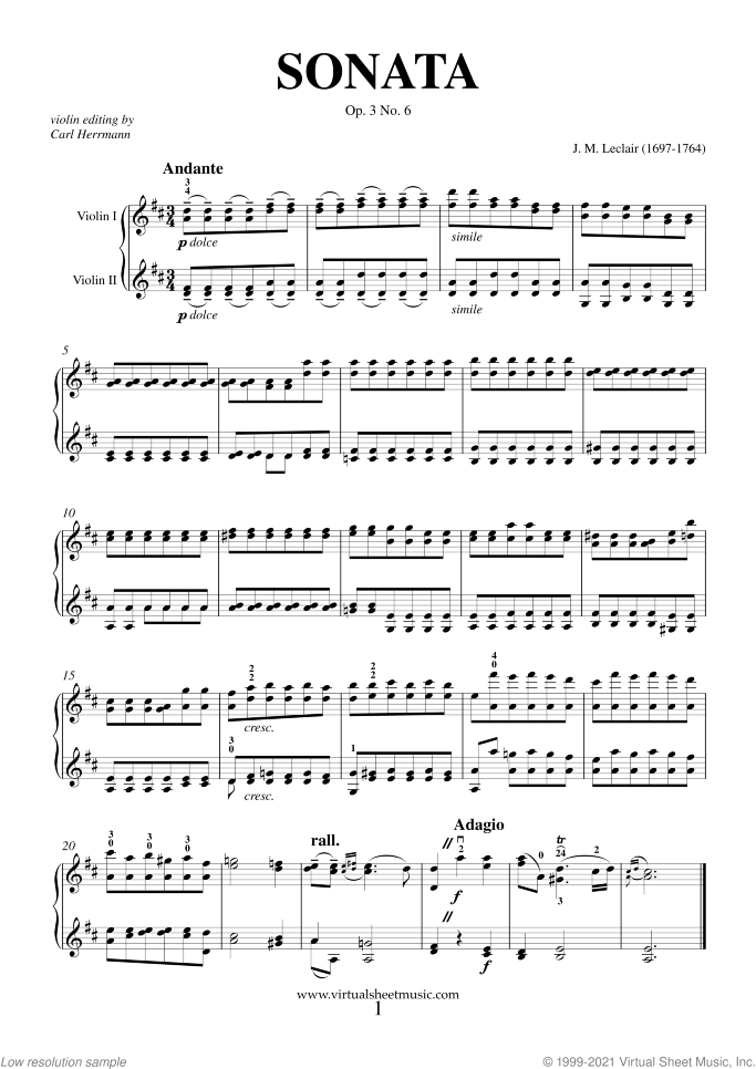 Sonata Op.3 No.6 (duo) sheet music for two violins by Jean Marie Leclair, classical score, intermediate duet
