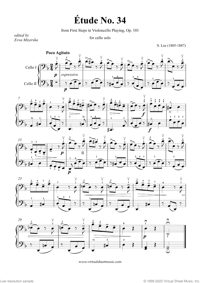 Etude No. 34 Op. 101 sheet music for cello solo (with 2nd cello accompaniment) by Sebastian Lee, classical score, intermediate/advanced cello (with 2nd cello accompaniment)