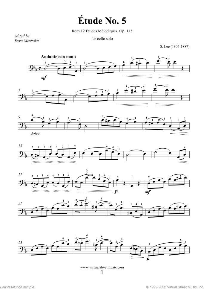 Etude No. 5 Op. 113 sheet music for cello solo by Sebastian Lee, classical score, intermediate/advanced skill level