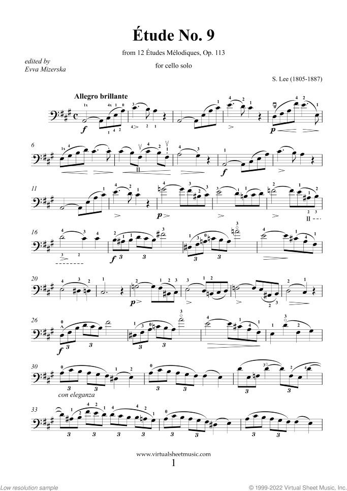 Etude No. 9 Op. 113 sheet music for cello solo by Sebastian Lee, classical score, intermediate/advanced skill level