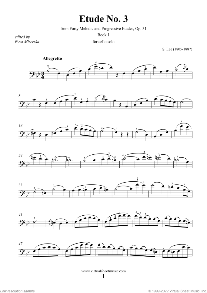 Etude No. 3 Op. 31 sheet music for cello solo by Sebastian Lee, classical score, intermediate/advanced skill level