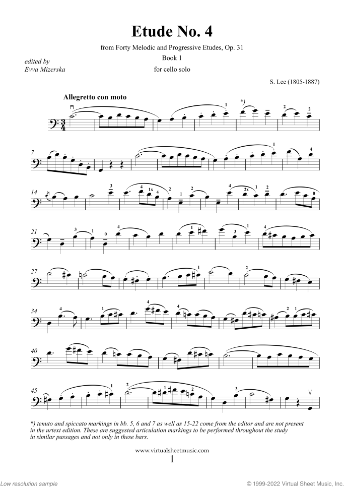 Etude No. 4 Op. 31 sheet music for cello solo by Sebastian Lee, classical score, intermediate/advanced skill level