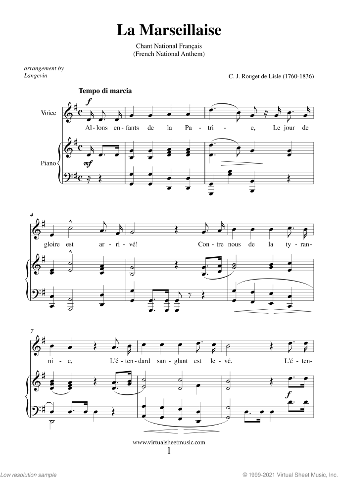 La Marseillaise - French National Anthem sheet music for piano, voice or other instruments by Claude Rouget De Lisle, easy skill level