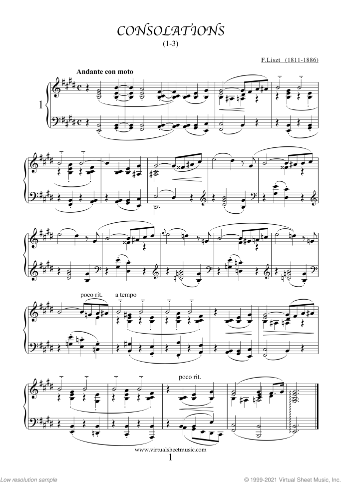 Consolations (1-3) sheet music for piano solo by Franz Liszt, classical score, easy/intermediate skill level