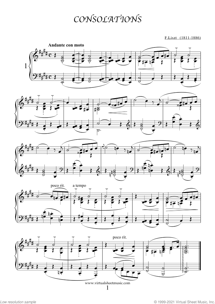 Consolations (COMPLETE) sheet music for piano solo by Franz Liszt, classical score, easy/intermediate skill level