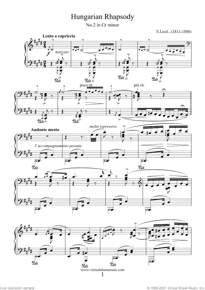 Hungarian Rhapsody No.2 sheet music for piano solo by Franz Liszt, classical score, advanced skill level