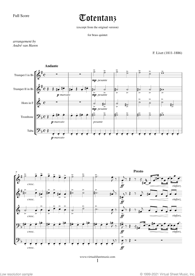 Totentanz (COMPLETE) sheet music for brass quintet by Franz Liszt, classical score, advanced skill level
