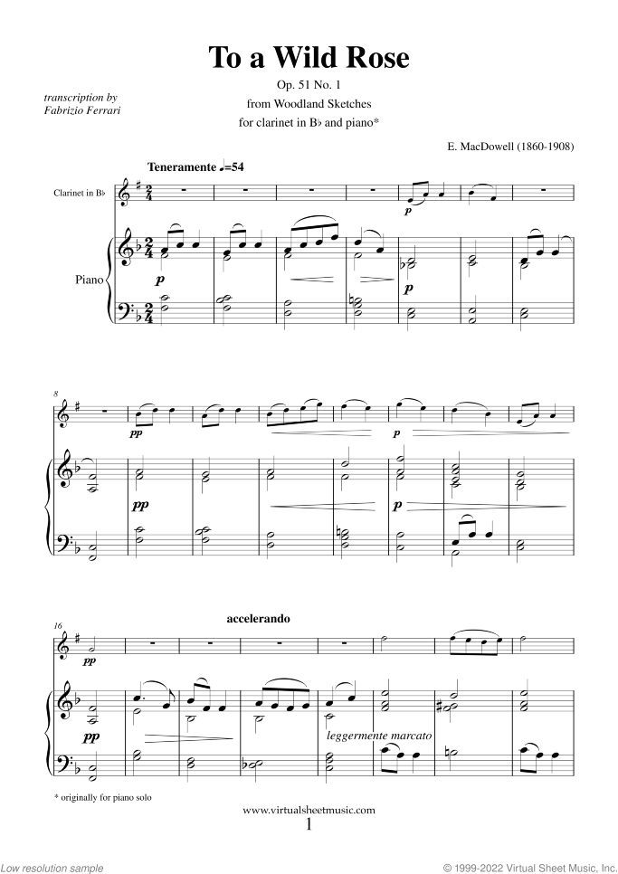To a Wild Rose Op.51 No.1 sheet music for clarinet and piano by Edward Macdowell, classical score, easy/intermediate skill level