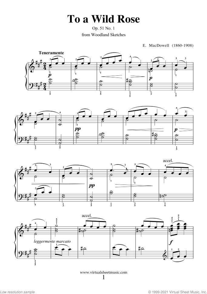 To a Wild Rose Op.51 No.1 sheet music for piano solo by Edward Macdowell, classical score, easy/intermediate skill level