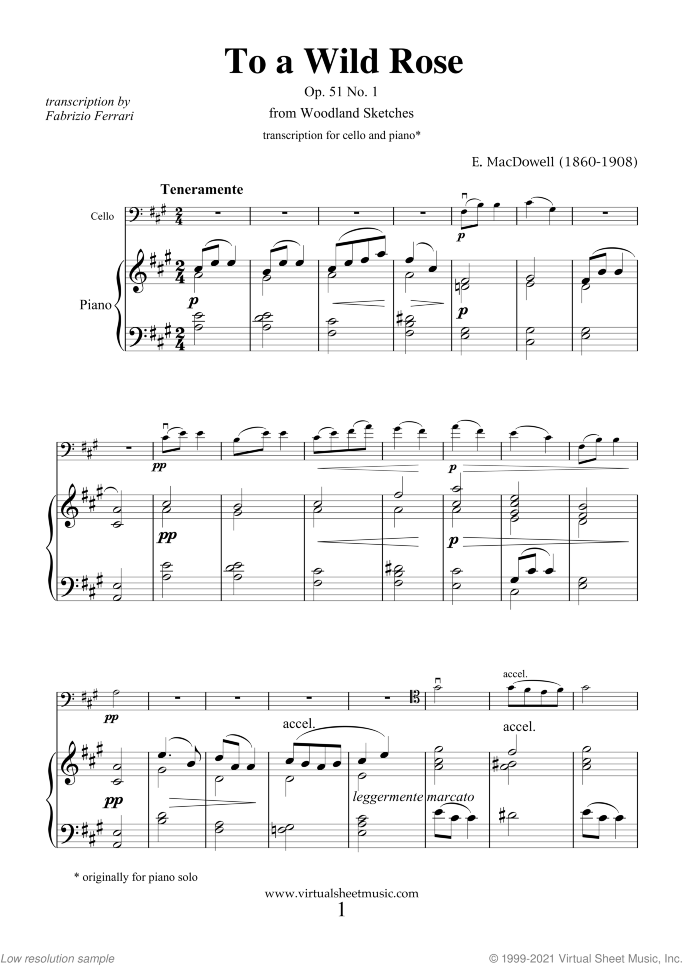 To a Wild Rose Op.51 No.1 sheet music for cello and piano by Edward Macdowell, classical score, easy/intermediate skill level
