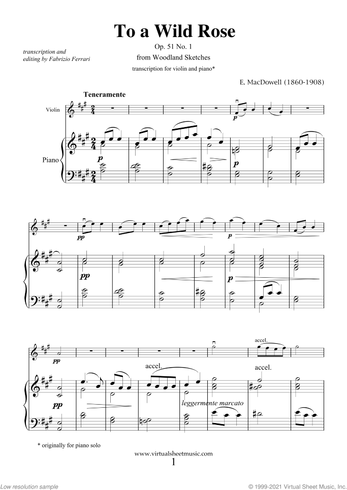 To a Wild Rose Op.51 No.1 sheet music for violin and piano by Edward Macdowell, classical score, easy/intermediate skill level