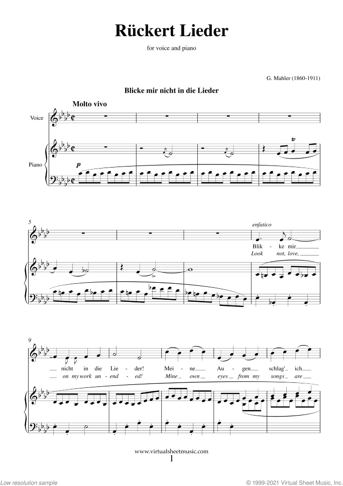Ruckert Lieder sheet music for voice and piano by Gustav Mahler, classical score, intermediate skill level