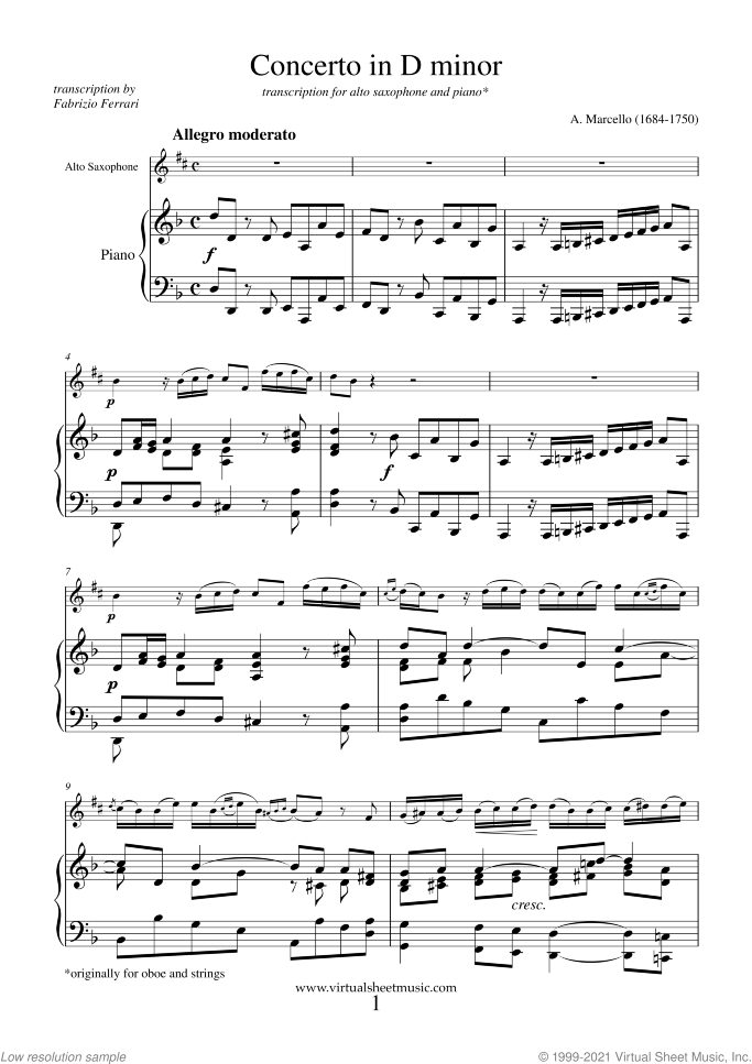 Concerto in D minor sheet music for alto saxophone and piano by Alessandro Marcello, classical score, intermediate skill level