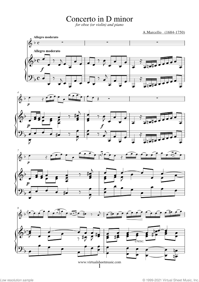 Concerto in D minor sheet music for oboe (or violin/flute) and piano by Alessandro Marcello, classical score, intermediate skill level