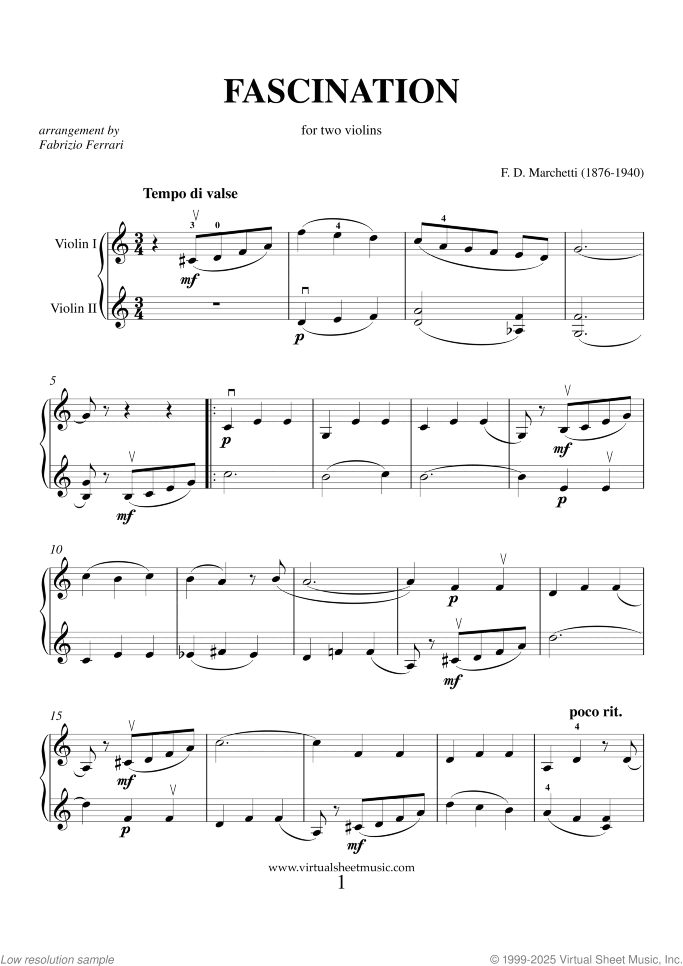 Fascination sheet music for two violins by Fermo Dante Marchetti, wedding score, intermediate duet