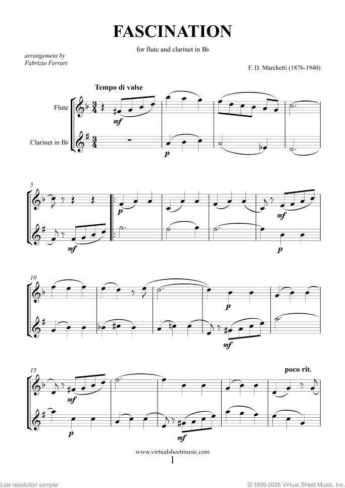 Fascination sheet music for flute and clarinet by Fermo Dante Marchetti, wedding score, intermediate skill level
