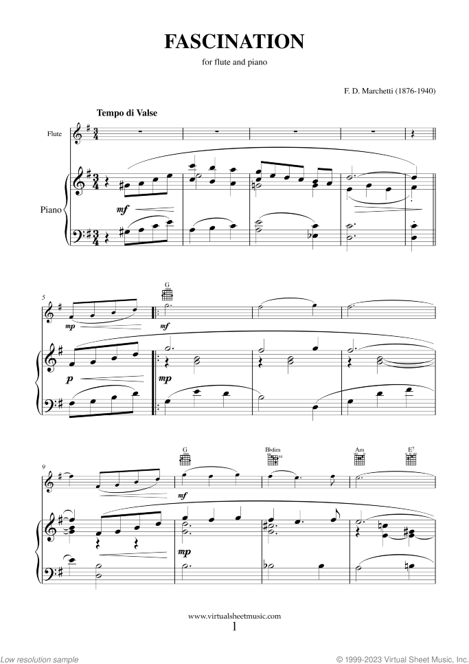 Fascination sheet music for flute and piano by Fermo Dante Marchetti, wedding score, intermediate skill level