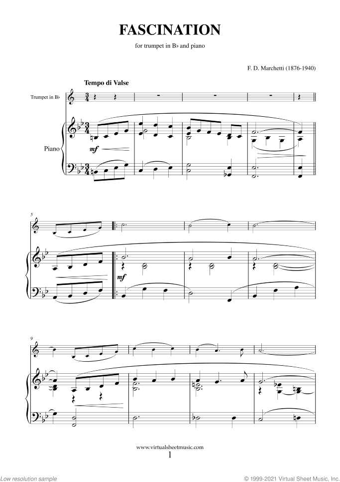 Fascination sheet music for trumpet and piano by Fermo Dante Marchetti, wedding score, intermediate skill level